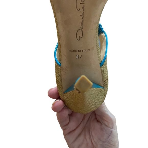 OSCAR DE LA RENTA - OPEN TOE BEIGE RAFFIA & TURQUOISE PATENT LEATHER - SZ 37 S8 - Picture 6 of 14